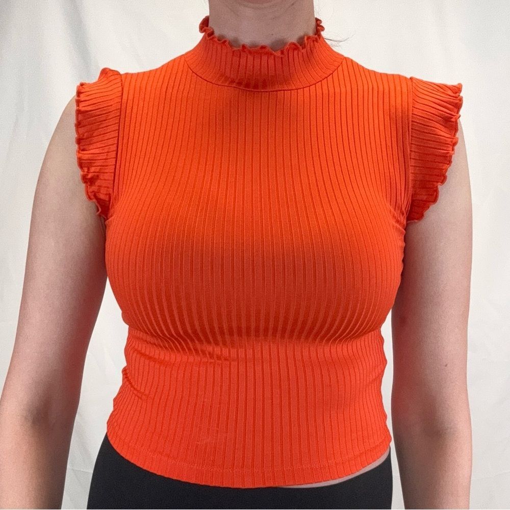 ZARA Ribbed Crop Top Lettuce Hem Mock Neck Orange Flutter Sleeve S